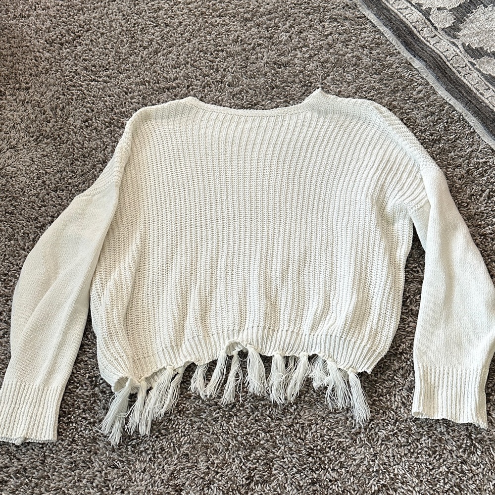 SHEIN Cream Fringe Hem Sweater